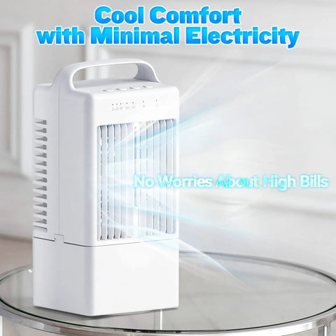 Portable Evaporative Cooler With 900ml Tank, Mini Air Conditioner Fan For Room on glass table, showing front view with vents and handle.