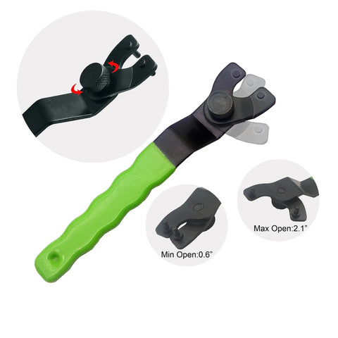 Adjustable green-handled wrench with close-ups of knob and jaw openings, used for various nut and bolt sizes