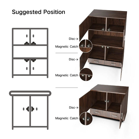 Suggested installation positions for Battle Tested Magnetic Cabinet Door Catch Latch 4 Pack Neodymium Zinc Alloy Gun Metal.
