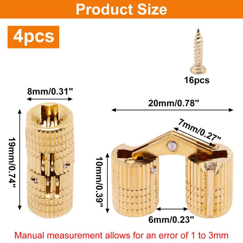 Top Shelf Solid Brass Hidden Barrel Hinges With A Dead Nuts Concealed Fit And Heavy Duty Smooth Swing For Easy Install On Woodworking Craft Jewelry Boxes Pack Of Four size dimensions displayed alongside screws.