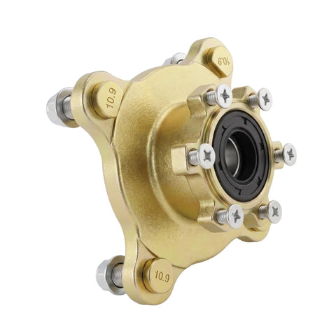 Premium Four Bolt Front Disc Brake Hub With 17 mm Axle Bearing And Three Inch Bolt Pattern For Atv Utv Quad drift trike, gold steel design.