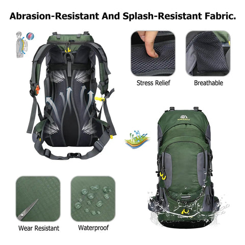 60L Waterproof Hiking Backpack With Rain Cover heavy duty nylon back view with stress-relief straps and waterproof material