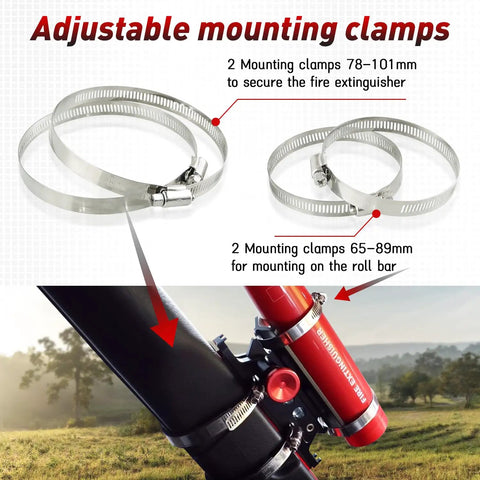 Universal Quick Release Roll Bar Fire Extinguisher Mount Bracket with adjustable clamps for secure installation on offroad vehicles.