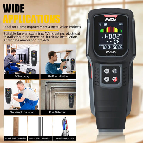 Solid Five In One Stud Finder Wall Scanner With Bright Laser Line For Dead On Wood Stud And Live Wire Detection in use for various installations.