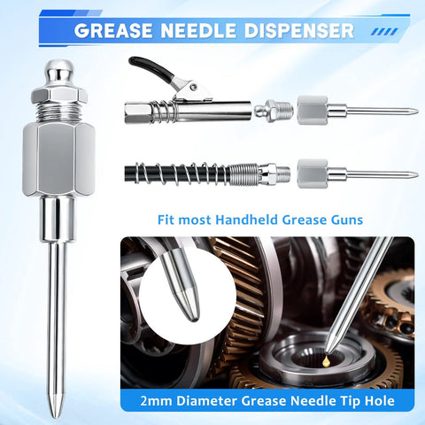 Grease gun fittings accessory kit, chrome metal components, 12in hose, 90-degree coupler, needle tips, zerk cleaner