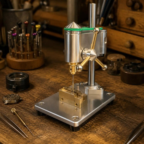 Portable Mini Bench Drill Press With Power Supply, Precision 13 mm Column and 13 mm Travel, 3.175 mm Chuck on a wooden workbench.