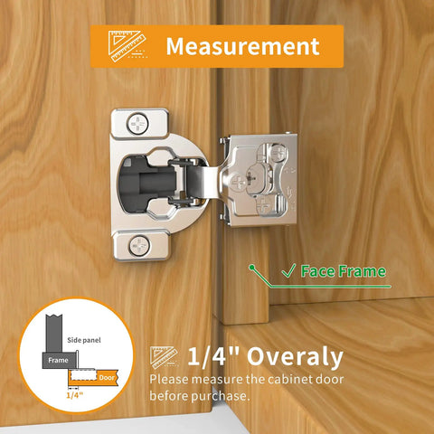 10 Pack 1/4 Inch Small Overlay 4D Concealed Hinges With Zero Drama Install And Smooth As Silk Soft Close Heavy Duty Stainless Steel Cabinet Hardware For Framed Face Frame Doors In Satin Nickel installed on cabinet edge.