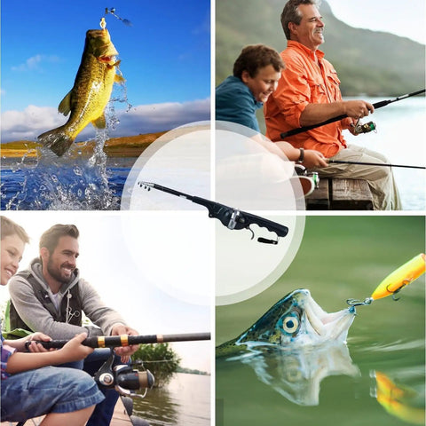 Fishing scenes illustrating Pocket Sized Mini Fishing Rod And Reel Combo With Telescopic Ultra Compact Foldable Design For Travel Hiking Backpacking Grab And Go Outdoor Gear Durable ABS Build For Rugged Trips