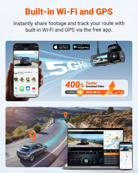 Beast 4K Front, 2.5K Interior, 1080P Rear Dash Cam with GPS and WiFi features displayed on phone and laptop screens