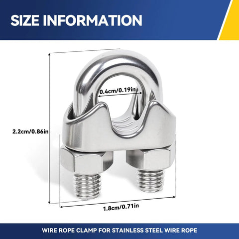 Rock Solid 24 Pack 1/8 Inch Stainless Steel Wire Rope Clips And Cable Clamps For Marine Rigging Outdoor Projects shown with size measurements.