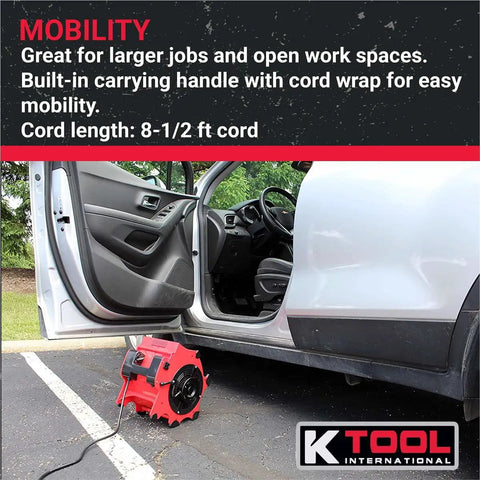 Beast Mode 3 Speed Floor Blower Fan Delivers 1200 CFM For Quick Drying And Ventilation in use beside an open car door