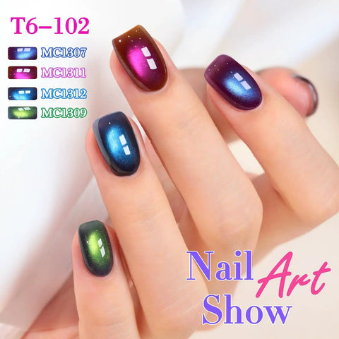 Close-up of nails with Cat Eye Gel Nail Polish with Magnetic Effect, Holographic Glitter Shine, showcasing varied colors.