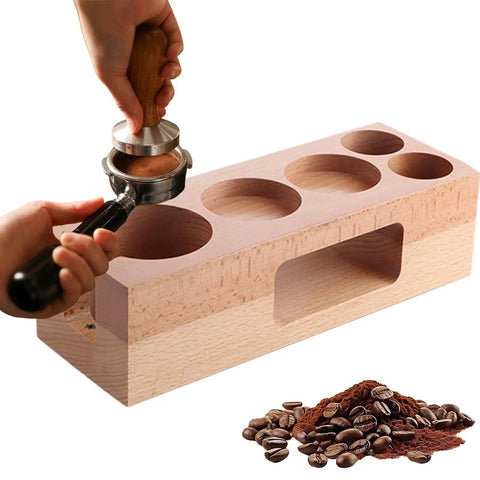 Premium 58mm Wooden Espresso Tamping Station featuring five dedicated holes for dosers, needles, and tools in action.