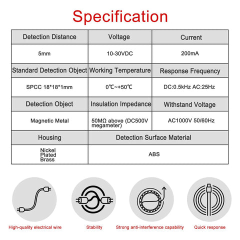 Square Inductive Proximity Sensor Switch Non Shield Type SN04-N Detection Distance 5mm 10-30V DC 200mA specifications chart