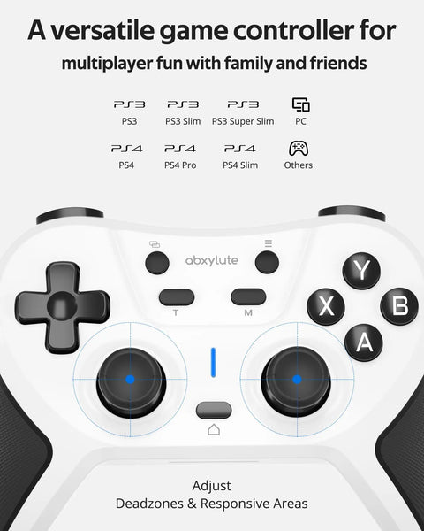 Wireless Gaming Controller With Broad Device Support For PC Switch iOS Android PS3 PS4 Steam Mac console layout view.