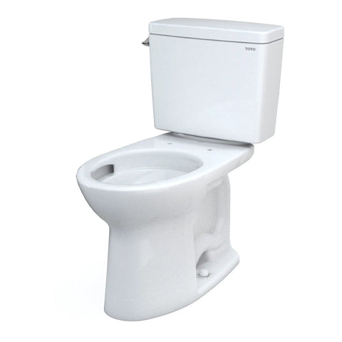 Top Shelf Two Piece Elongated Toilet Featuring Universal Height And 1.6 GPF Tornado Flush System For Hassle Free Grime Control And Reliable Everyday Bathroom Comfort In Crisp White, side view.