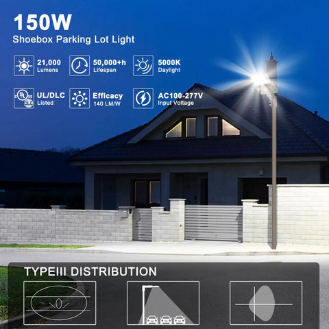 LED Parking Lot Light With Photocell, 19000 Lumens Shoebox Pole Fixture, illuminating a suburban street, IP65, 5700K, UL listed.