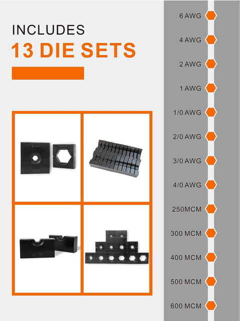 Hydraulic Cable Lug Crimper 8 Ton Tool Kit For 12 AWG To 2 0 AWG Wires With 9 Die Set Hexagon Crimp Dies 13 die sets shown