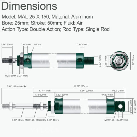 Dimensions diagram of Premium Pneumatic Air Cylinder 25mm Bore 150mm Stroke Double Acting Single Rod Aluminum Alloy Mini Cylinder MAL 25 X 150