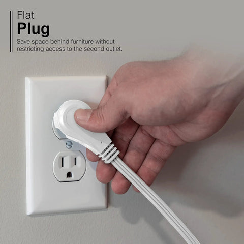 Heavy Duty Three Outlet Flat Extension Cord 3 Feet Long Grounded Power Cable With Secure Three Prong Plugs being plugged in.