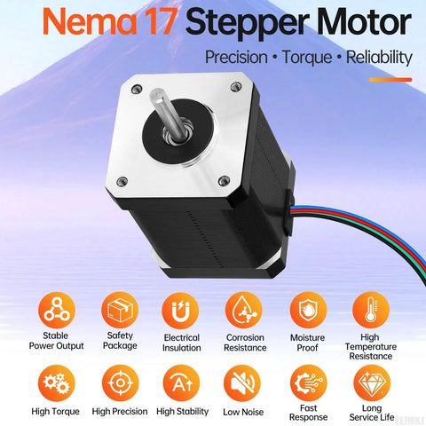 Image of high torque Nema 17 stepper motor with icons