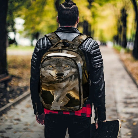 Man wearing Rock Mountain Grey Wolf Print Unisex Backpack Big Capacity For Everyday Carry And Travel Durable Polyester Build