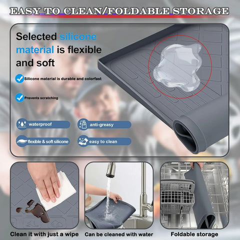 27 Inch By 27 Inch Silicone Drip Tray Mat With Raised Edge For Garage and Driveway Protects Floors From Oil Leaks Non Slip Non Splatter Grey Floor Saver Pad For Auto And Home Use With Waterproof Odorless Silicone And Heat Resistant Construction showing flexible and easy-to-clean features with water and oil spills.