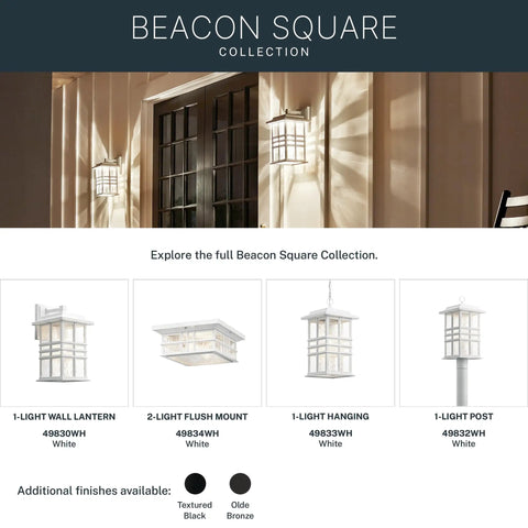 Beacon Square Outdoor Wall Light In White 1 Light Exterior Sconce With Clear Hammered Glass Craftsman Style displayed on wall