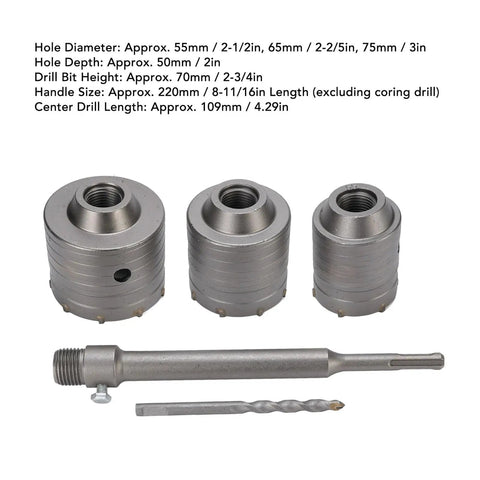 Concrete Hole Saw Kit With Tungsten Steel YG8C Alloy Triple Tooth Design, Ventilation Holes For Quick Drilling Through Hollow Bricks, Cement Walls And Concrete, Universal Hammer Drill Compatible, 55/65/75mm set