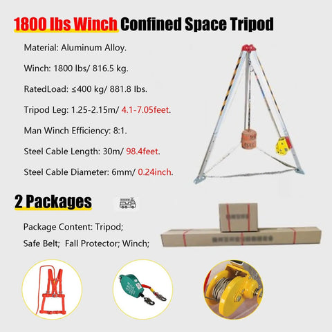 Hardcore Aluminum Confined Space Tripod Kit With Winch For Tight Squeeze Manhole Rescues includes 1800 lbs winch and safety gear.