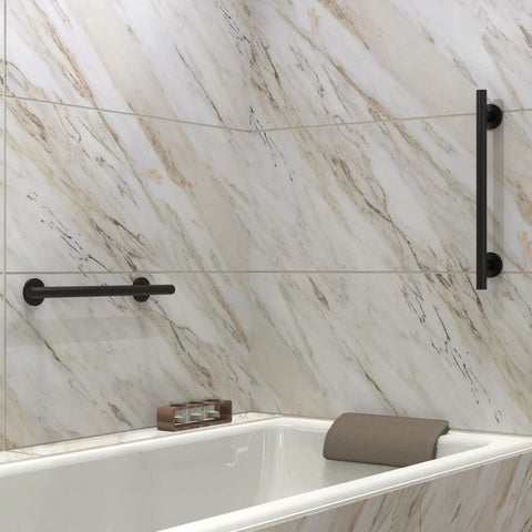 Infinity Straight Designer Grab Bar One And A Quarter Inch By Sixteen Inch Matte Black ADA Compliant Stainless Steel With Flange Covers And Screws available next to bathtub.