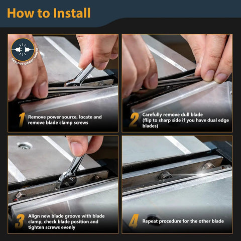 How to install Top Shelf Boss Grade 3.25 Inch Hss Planer Blades, showing blade clamp removal and replacement steps.