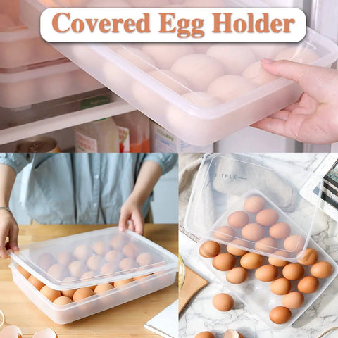 Two Pack Covered Egg Holder Set Clear Stackable Egg Trays For Refrigerator Each Tray Holds 24 Eggs Total 48 Eggs Durable Plastic Storage