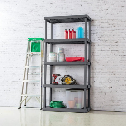 Hustle Proof Five Shelf Heavy Duty Plastic Storage Rack With Ventilated Perforated Shelves Holding Up To One Hundred Fifty Lbs Per Level For Garage Basement Project Organization, showcased with tools and paint supplies.