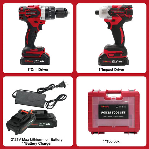 Cordless Drill Kit 21V Brushless One Half Inch Power Tool Set with One Quarter Inch Impact Driver includes batteries, charger, toolbox.