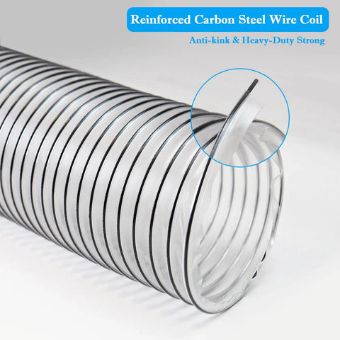 Top Shelf Pvc Dust Collection Hose For Serious Woodworker Shop Grind Heavy Duty Industrial Vacuum Air Transfer Pipe Flexible 3 Inch Diameter 10 Feet Long, clear PVC hose with reinforced steel coil.