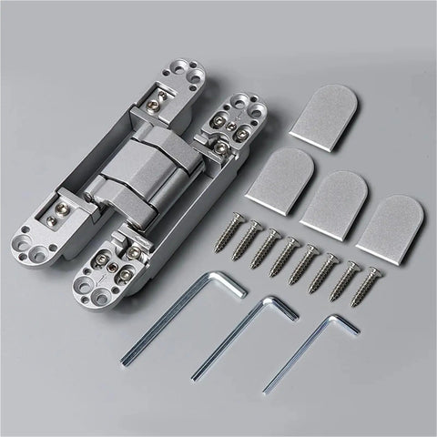 Heavy Duty Concealed Adjustable Invisible Door Hinge With Solid Cross Shaped Wooden Handle Built Tough For A No Sweat Hidden Room Makeover And Smooth Daily Swing In Deep Black Coating with screws and tools.