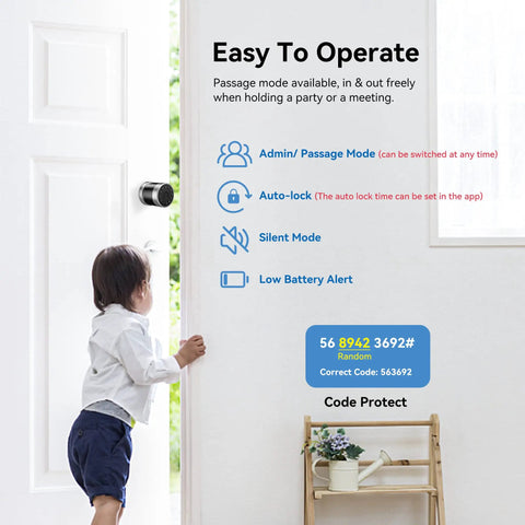 Child opening door with 5 In 1 No Fuss Keyless Entry Smart Lock with Fingerprint Bluetooth TTLock App IC Card and Backup Key