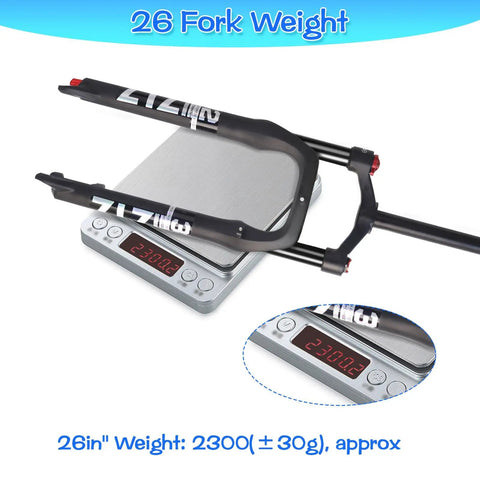 Fat Tire 26x4.0 Inch MTB Air Suspension Fork on scale, ultralight build, showing 2300g weight with rebound adjustment, 120mm travel