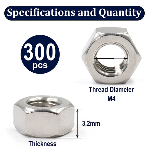 300 Pcs M4 Hex Nuts Stainless Steel 304 A2 70 Coarse Thread Hexagon Nuts For Hardware Projects And Repairs, Rustproof, Durable