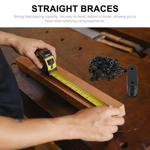 Person measuring wood with tape measure beside Stainless Steel Straight Bracket Set 24 Pcs For Furniture Repair And Wood Joining