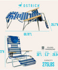 3N1 Lightweight Beach Reclining Lounge Chair With Footrest For Patio Porch Balcony Or Backyard, Blue Stripe, dimensions shown