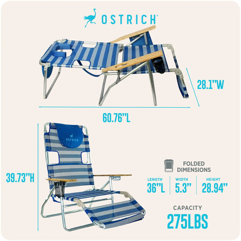 3N1 Lightweight Beach Reclining Lounge Chair With Footrest For Patio Porch Balcony Or Backyard, Blue Stripe, dimensions shown