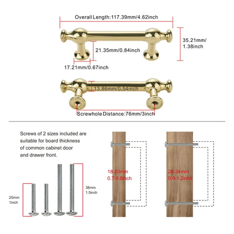 Diagram of 10 Pack Retro Polished Gold Cabinet Handles with measurements and screw sizes, 3 inch spacing, zinc alloy.