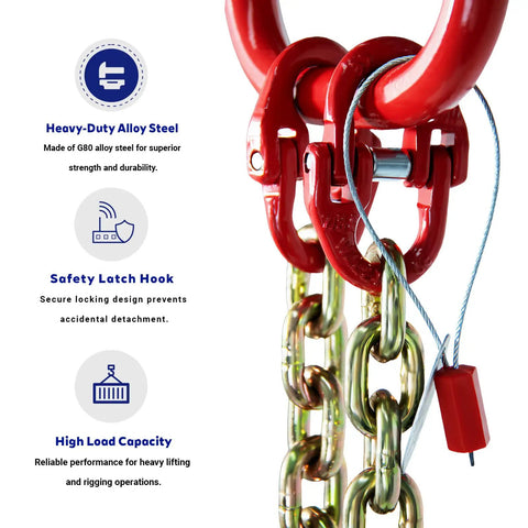 G80 Grade Two Leg Chain Sling With Grab Hooks 5 16 In By 5 Ft 4400 Lb Working Load Limit with safety latch hooks and alloy steel chains.