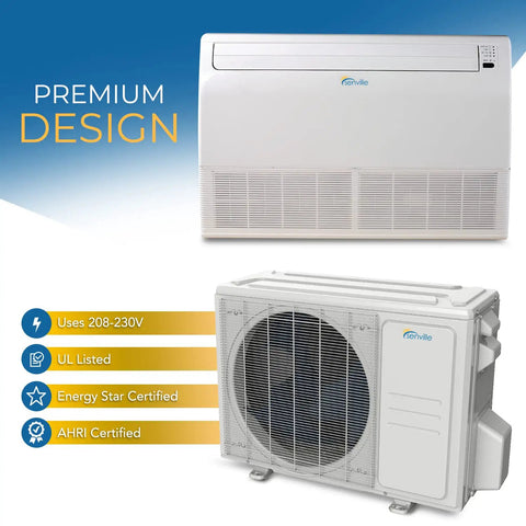 Built Different Pro Grade Floor And Ceiling Mount Mini Split AC Heat Pump 24000 Btu DC Inverter System front and side view.