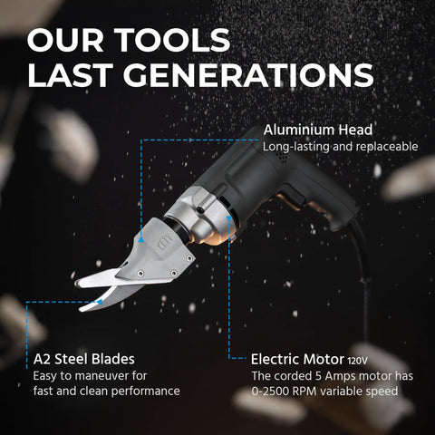 Powerful Electric Shears That Slice Through Five Eighths Inch Thick Fiber Cement Siding And Backerboard Like A Hot Knife Through Butter With Two Thousand Five Hundred Rpm Motor And Heavy Duty A Two Steel Blades For Fast Clean Cuts Every Time, featuring aluminum head and A2 steel blades.