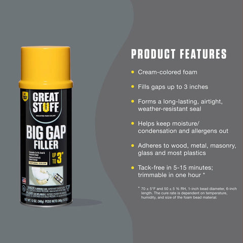 Big Gap Filler Expanding Insulating Foam Sealant Spray Works Like A Champ And Plugs Wide Gaps with cream-colored can design 12 oz size.