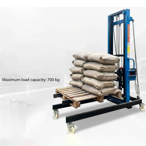 Heavy Duty Portable Brick Elevator Hoist With Smooth Ride Steel Lifting Platform And Sturdy Casters For Easy Material Handling On Construction Sites Up To Four Meters High, lifting bags on a wooden pallet.
