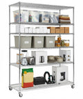 Rugged Five Tier Heavy Duty Wire Storage Rack On Wheels With Shelves Rust Resistant Steel Waterproof Liners NSF Certified Stable loaded with items.